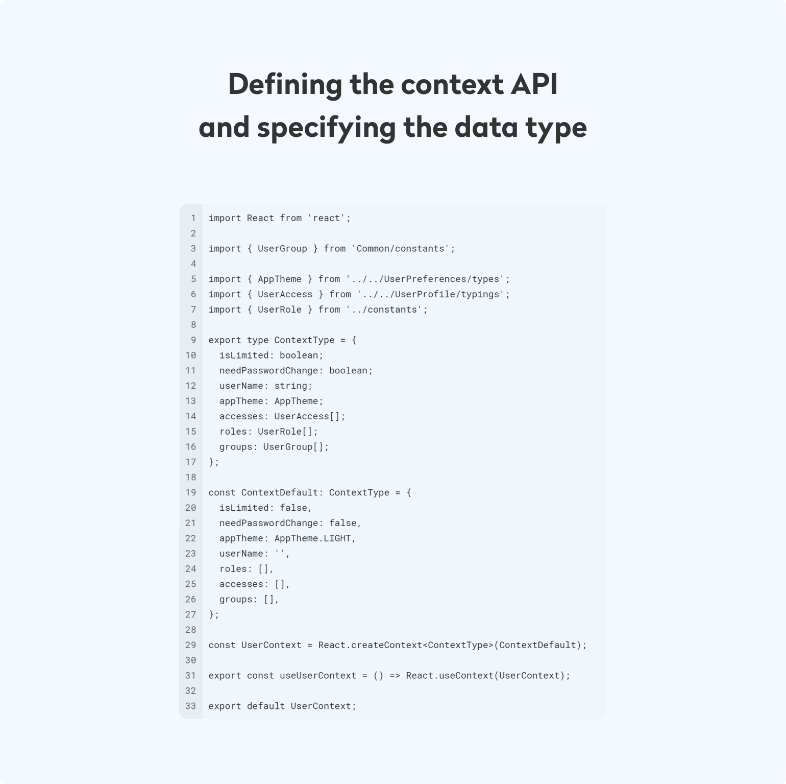 Define the context API and specify the data type 